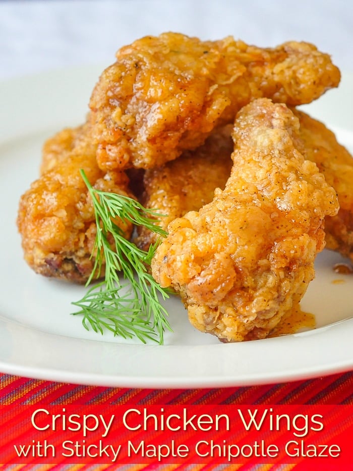 Crispy Chicken Wings with Sticky Maple Chipotle Glaze photo with title text for Pinterest