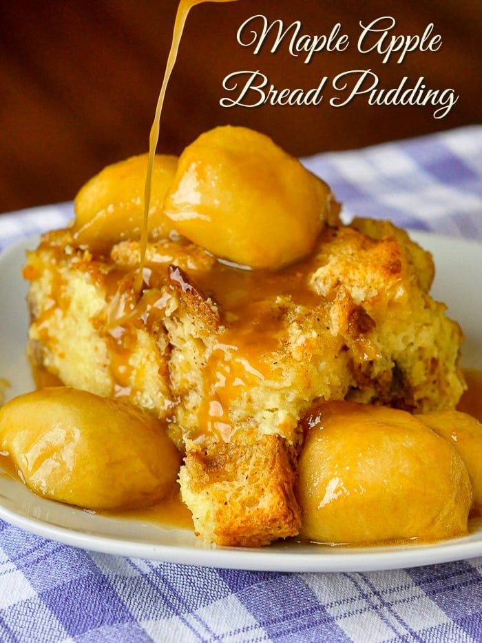 Maple Apple Bread Pudding photo with title text added for Pinterest