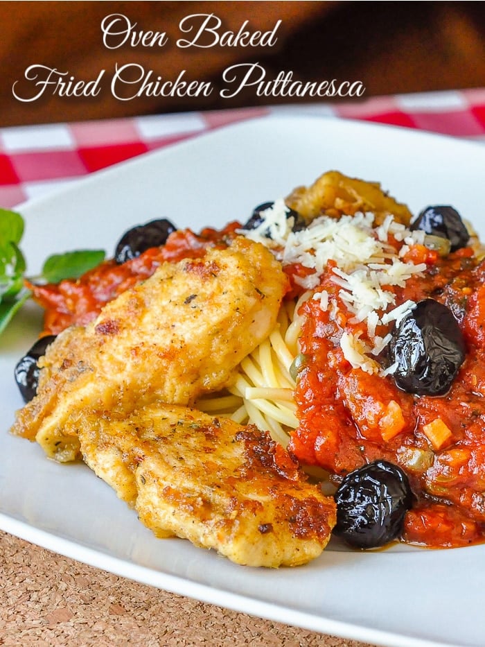 Oven Baked Fried Chicken Puttanesca with title text added for Pinterest