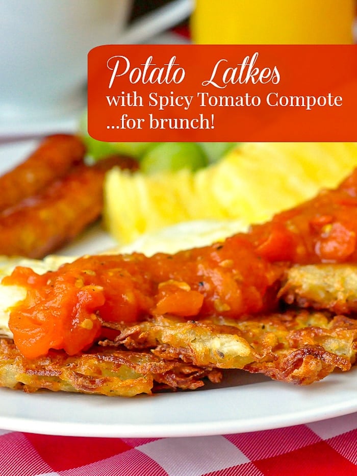 Potato Latkes photo with title text for Pinterest