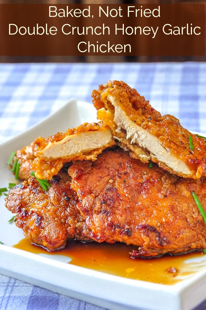 Double Crunch Honey Garlic Chicken the baked version with title text for Pinterest.