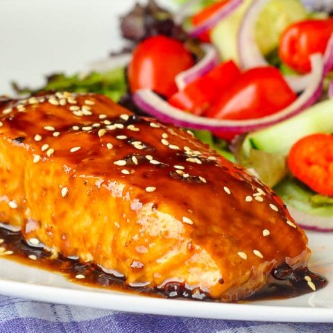 Five Spice Teriyaki Salmon close up photo for post featured image