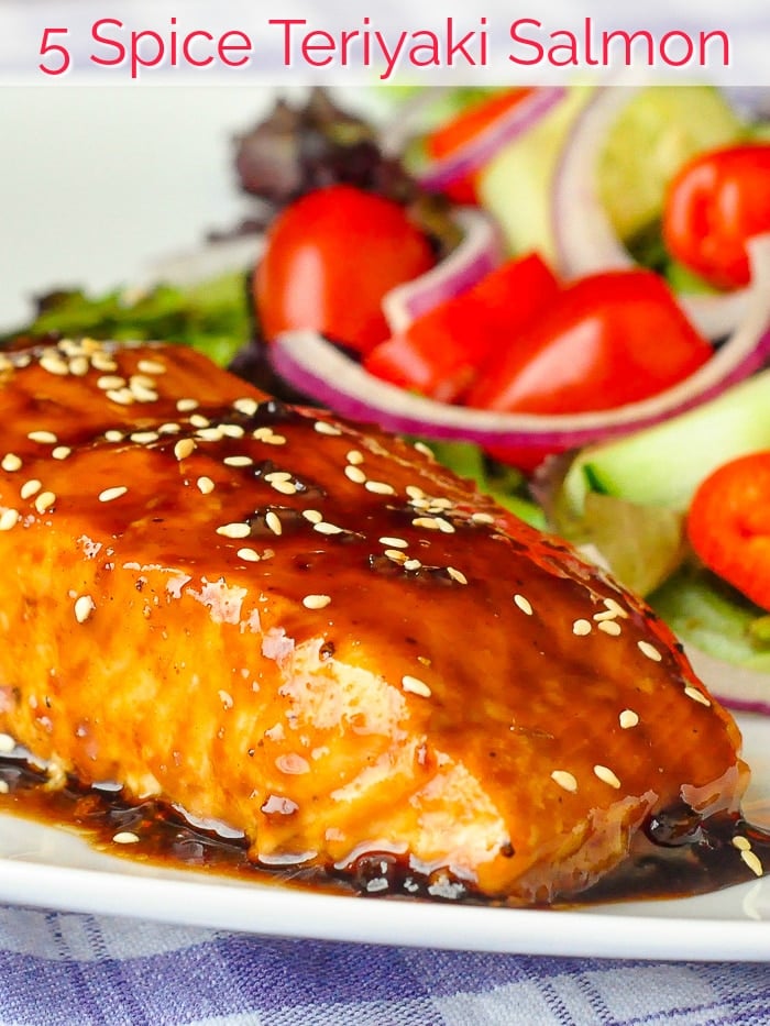 Five Spice Teriyaki Salmon photo with title text for Pinterest