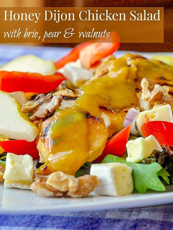 Honey Dijon Chicken Salad with Brie and Walnuts photo with title text for Pinterest