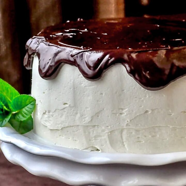 Midnight Mint Chocolate Cake photo of finished cake on white pedestal stand