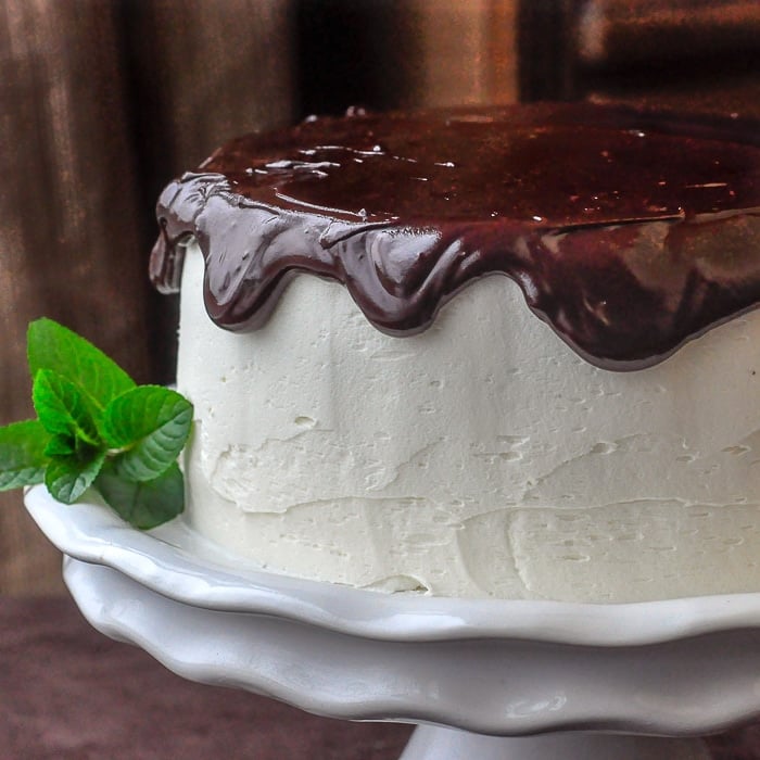 Midnight Mint Chocolate Cake photo of finished cake on white pedestal stand