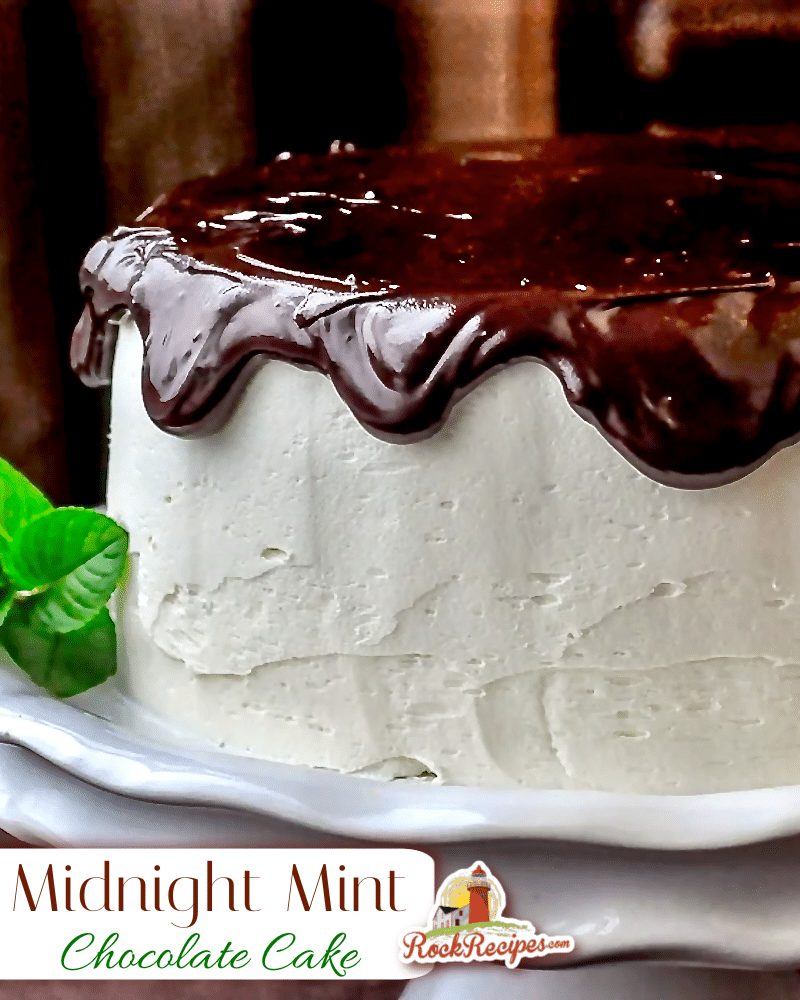 Midnight Mint Chocolate Cake photo of uncut cake with title text added for social media posts.