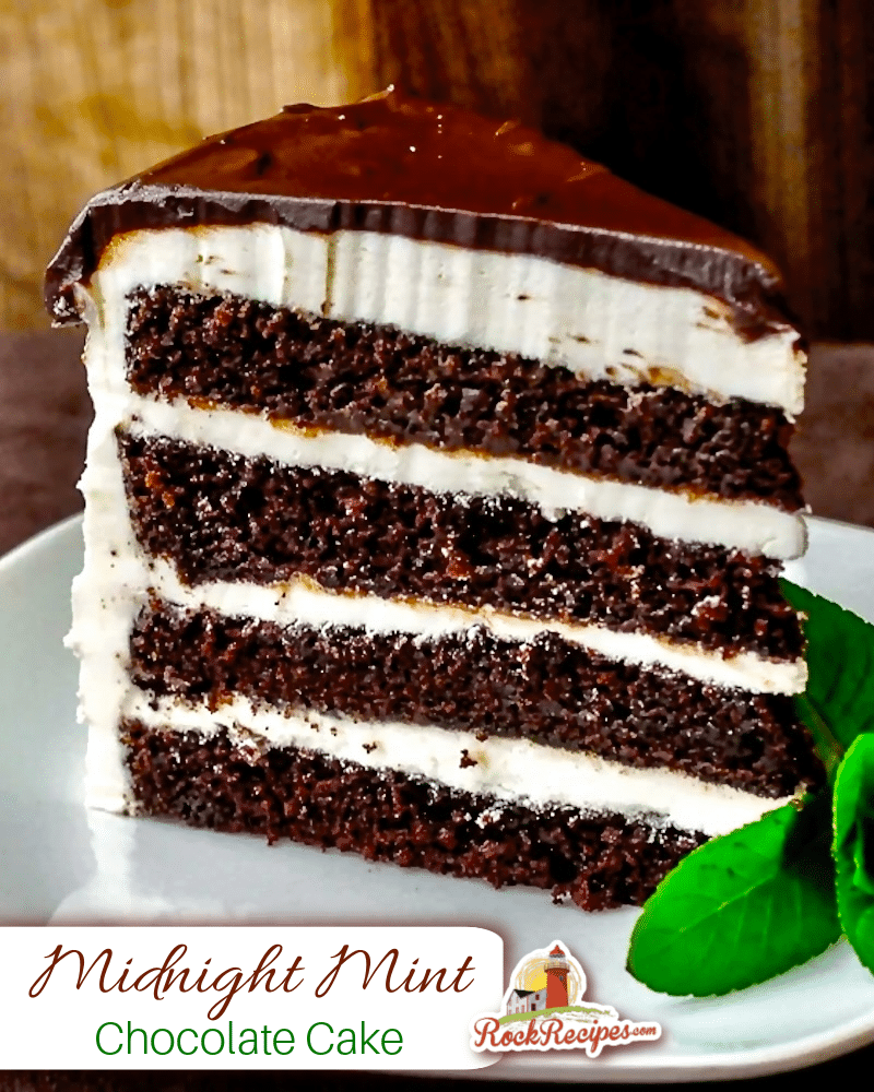 Midnight Mint Chocolate Cake photo of one slice of cake with title text added for social media posts.
