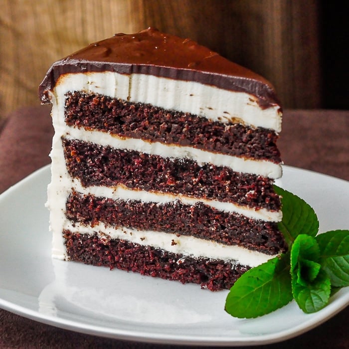 Midnight Mint Chocolate Cake photo of single slice on a white plate with mint garnish