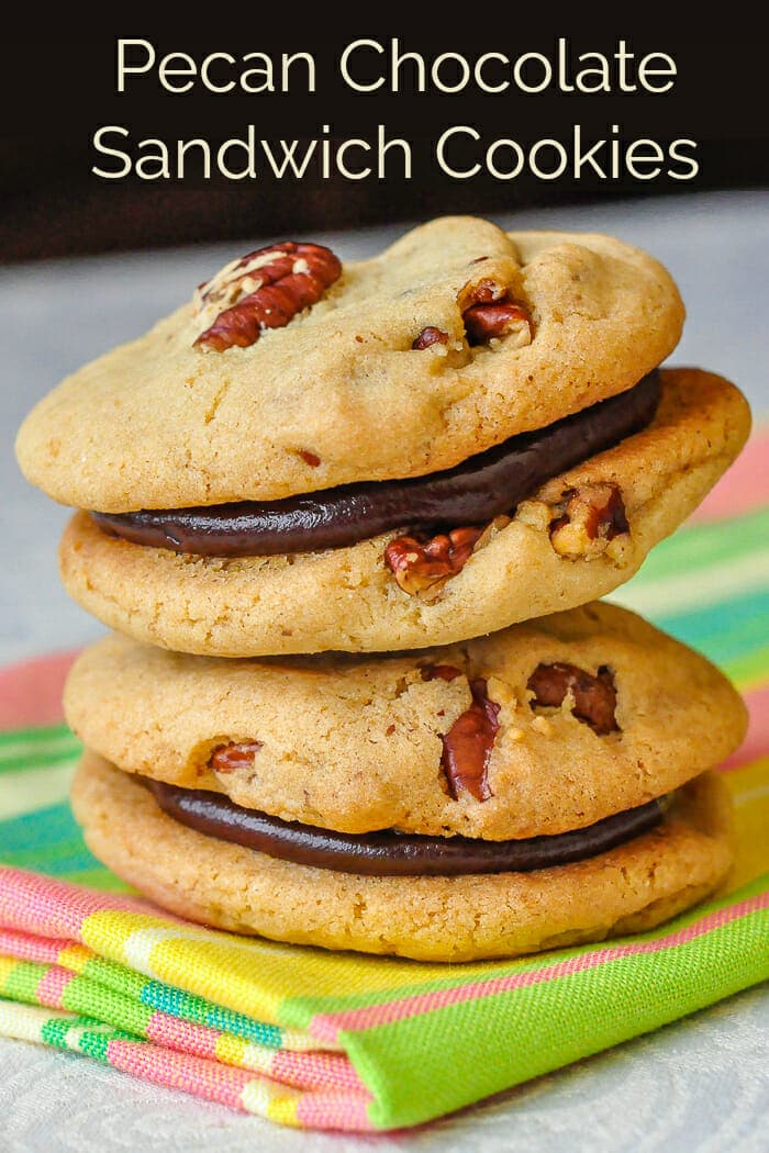 Pecan Chocolate Sandwich Cookies Image with title text for Pinterest