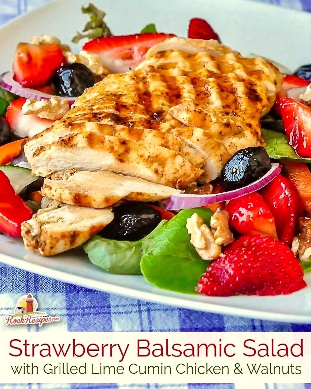 Strawberry Balsamic Salad photo with title text for social media posts.