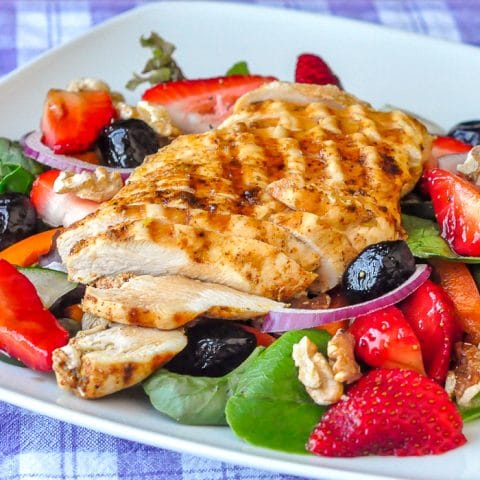 Strawberry Balsamic Salad close up photo on white plate