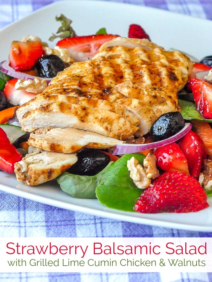 Strawberry Balsamic Salad photo with title text for Pinterest