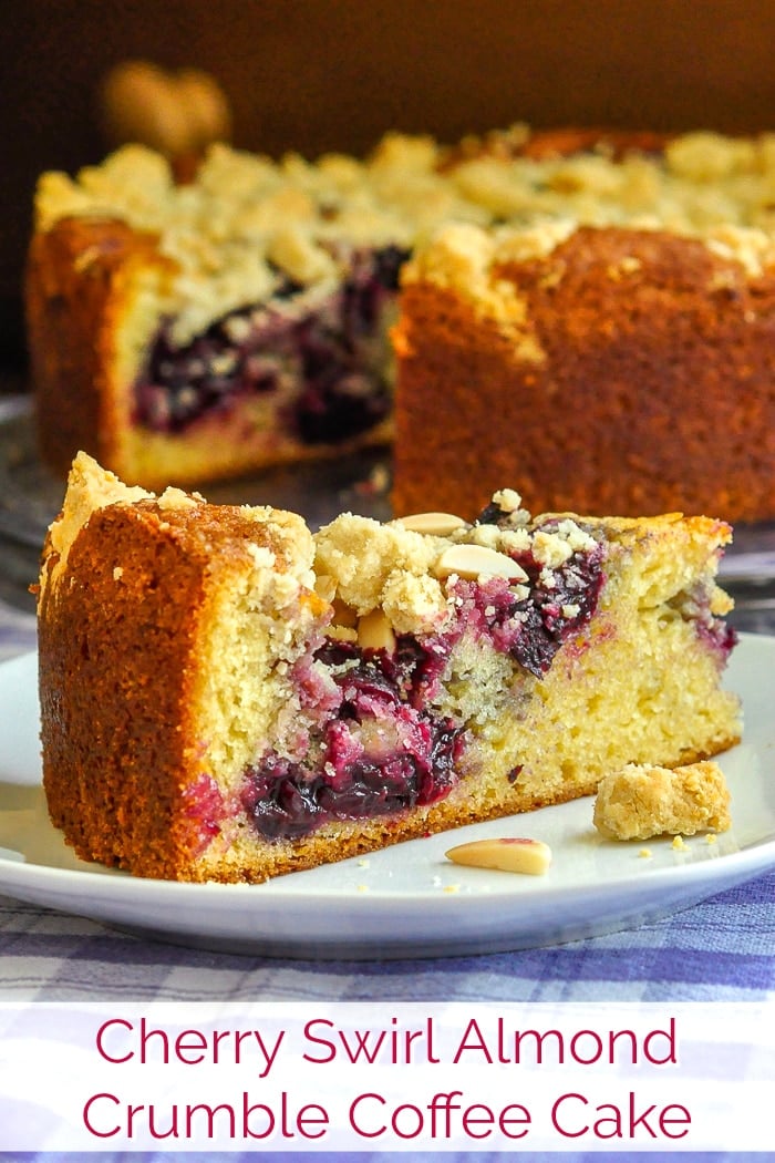 Cherry Swirl Almond Crumble Coffee Cake image with title text for Pinterest