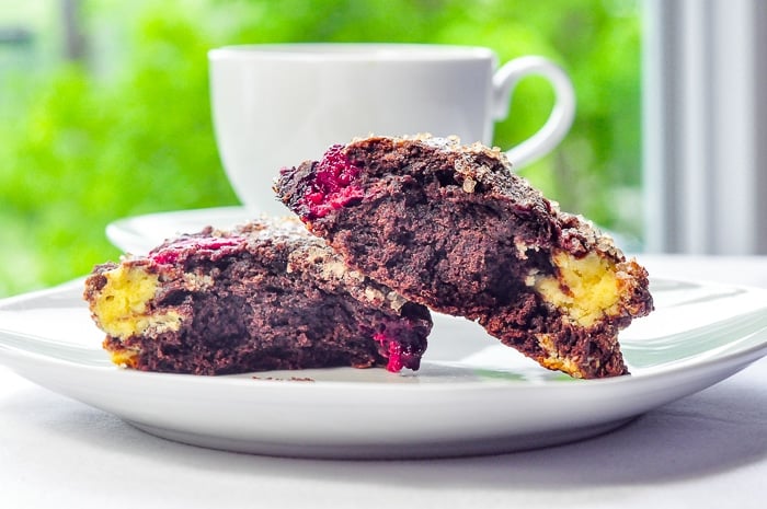 Chocolate Raspberry Cheesecake Scones wide shot with coffee in background