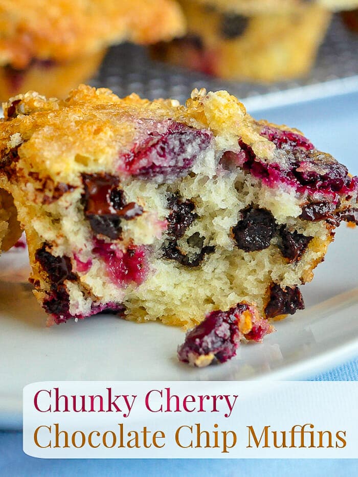 Chunky Cherry Chocolate Chip Muffins image with title text