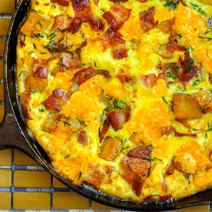 Potato Bacon Cheddar Frittata -This delicious frittata is an ideal, easy brunch idea. This recipe uses potatoes but leftover cooked pasta works too.