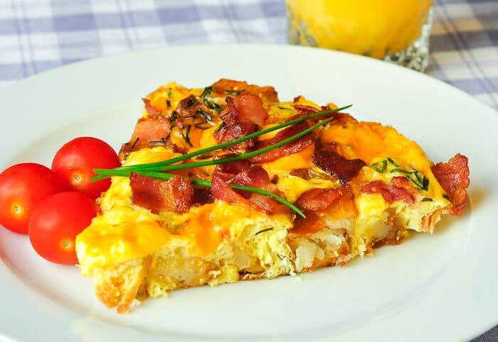 Potato Bacon Cheddar Frittata -This delicious frittata is an ideal, easy brunch idea. This recipe uses potatoes but leftover cooked pasta works too.