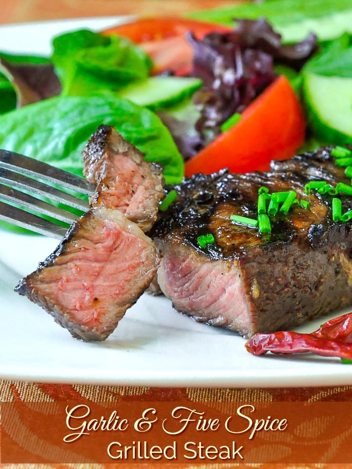 Garlic and Five Spice Grilled Steak photo with title text added for Pinterest