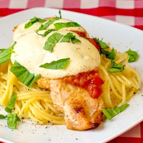 Grilled Chicken Margherita Spaghetti photo of a single serving on a white plate