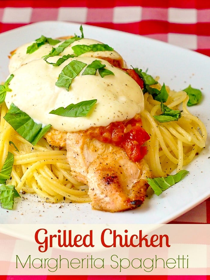 Grilled Chicken Margherita Spaghetti photo with title text for Pinterest