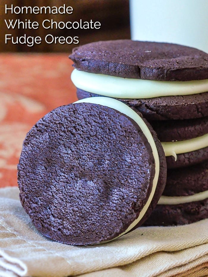 Homemade White Chocolate Fudge Oreos photo with title text added for Pinterest