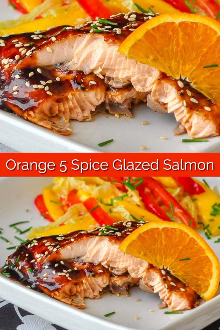 Orange Five Spice Glazed Salmon Image with title text for Pinterest