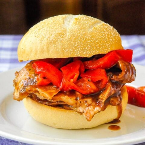 Orange Hoisin Pork Sandwiches photo of one sandwich on a white plate