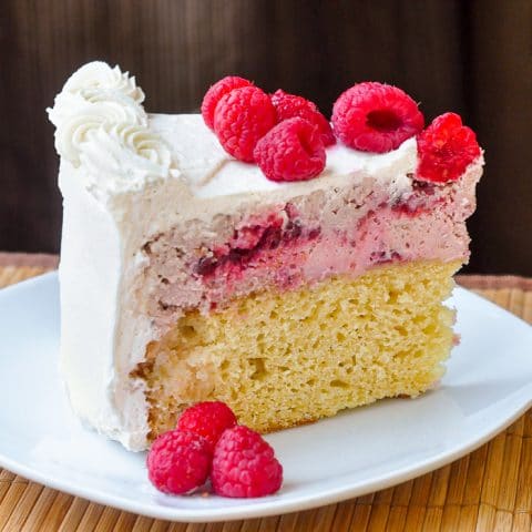Raspberry Swirl Cheesecake Shortcake photo of a single slice on a white plate