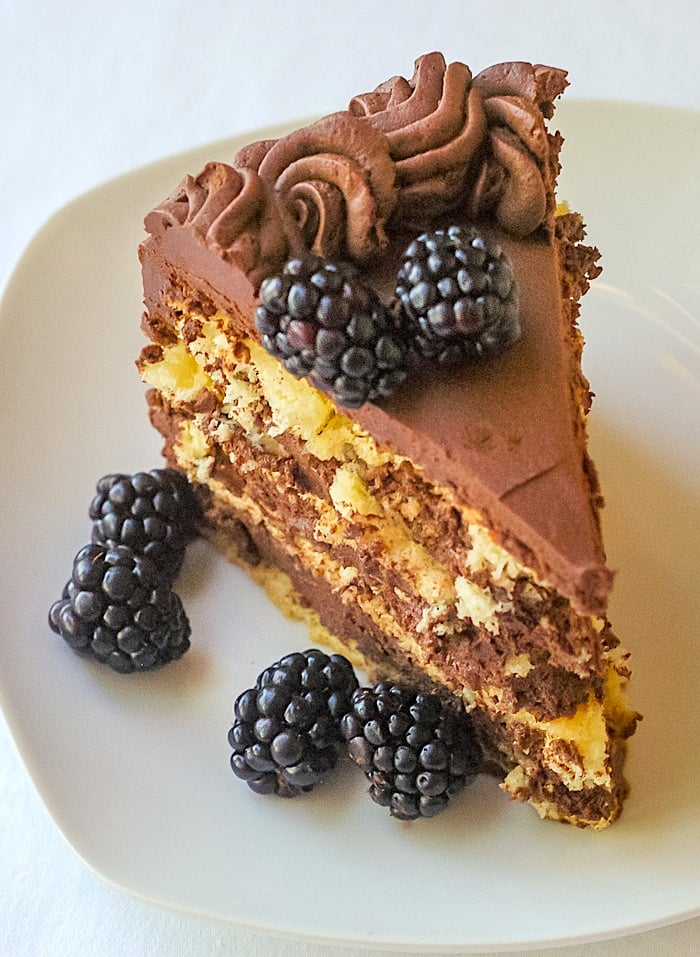 Rum Truffle Cake photo of a single slice on a white plate with blackberries