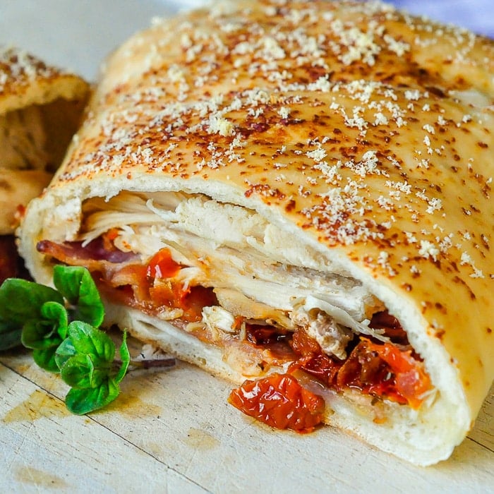 Turkey Club Stromboli close up shot of filling.