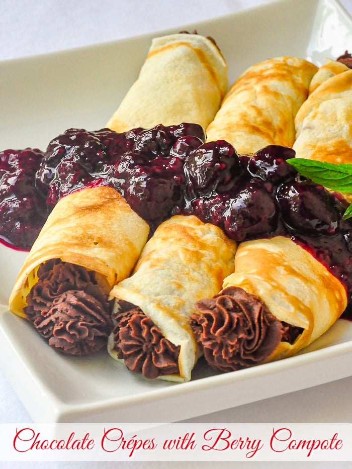 Chocolate Crepes with mixed berry compote photo with title text added for Pinterest