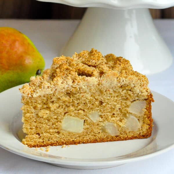 Ginger Pear Coffee Cake with Almond Shortbread Crumble