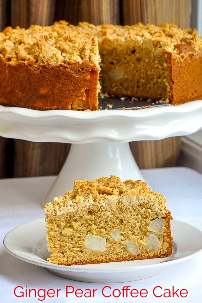 Ginger pear coffee cake photo with title text added for Pinterest