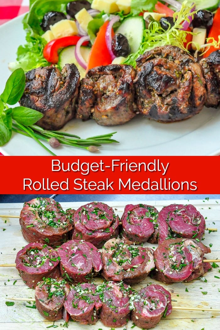 Herb and Garlic Rolled Steak Medallions image collage with title text for Pinterest