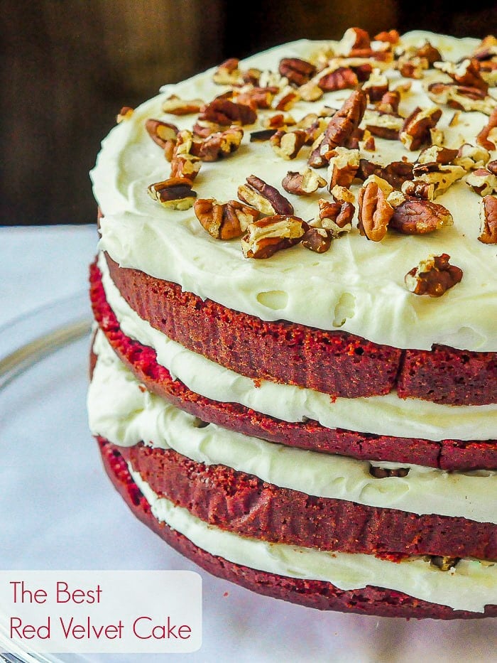 Photo of uncut Red Velvet Cake with title text added for Pinterest