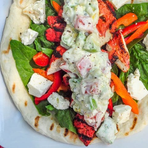 Chicken Souvlaki Wraps with Tomato Avocado Tzatziki