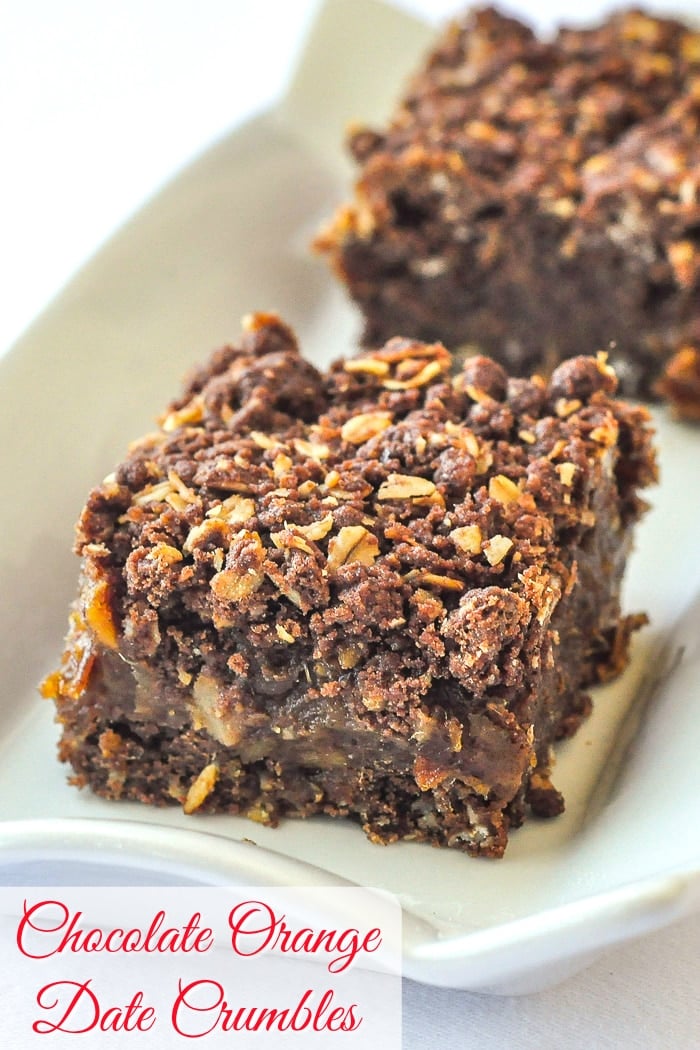 Chocolate Orange Date Crumbles close up photo with title text for Pinterest