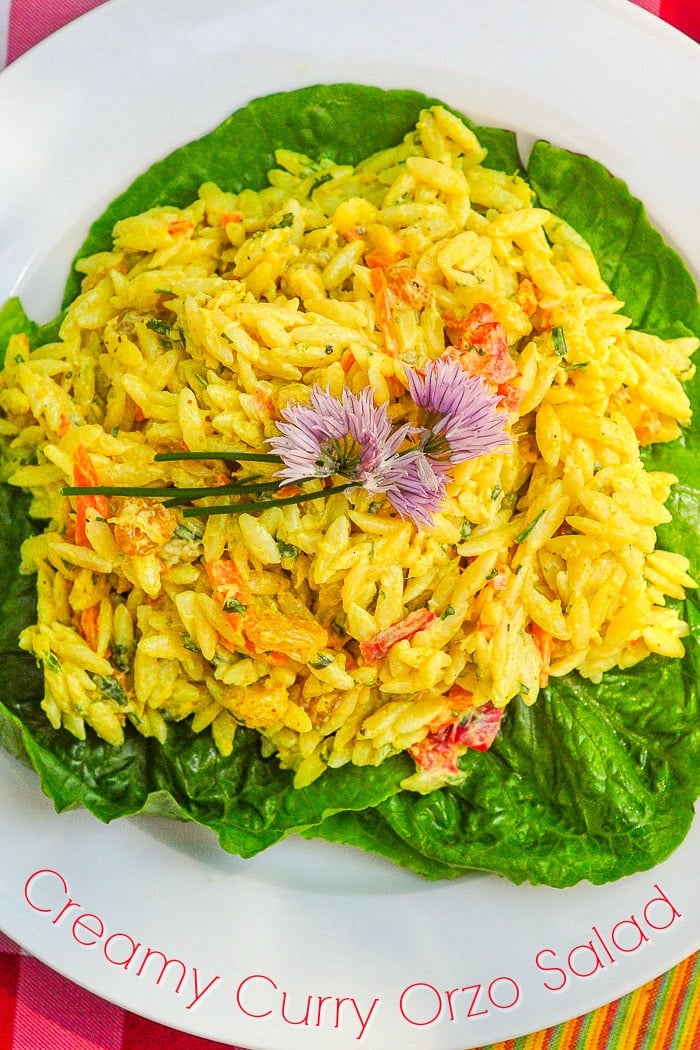 Creamy Curry Orzo Salad on a bed of lettuce with title text added for Pinterest