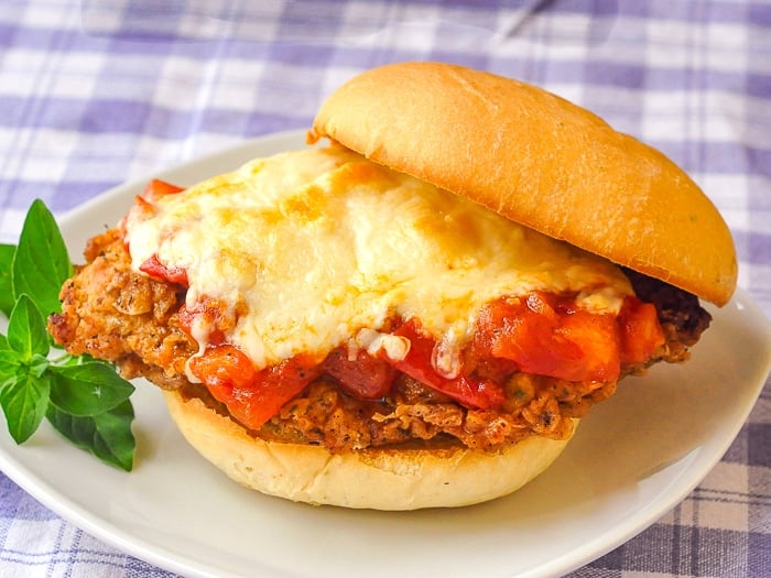 Double Crunch Fried Chicken Parmesan Burgers photo taken from overhead