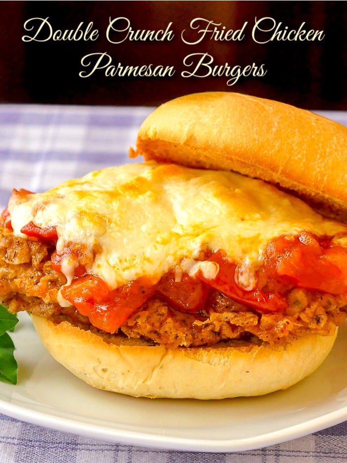 Double Crunch Fried Chicken Parmesan Burgers photo with title text added for Pinterest