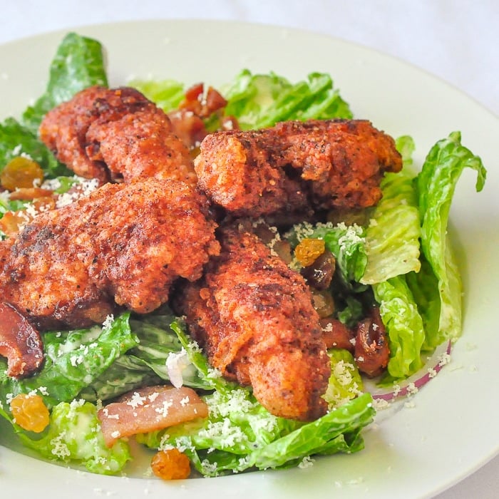 Fried Chicken Caesar Salad close up photo for featured image