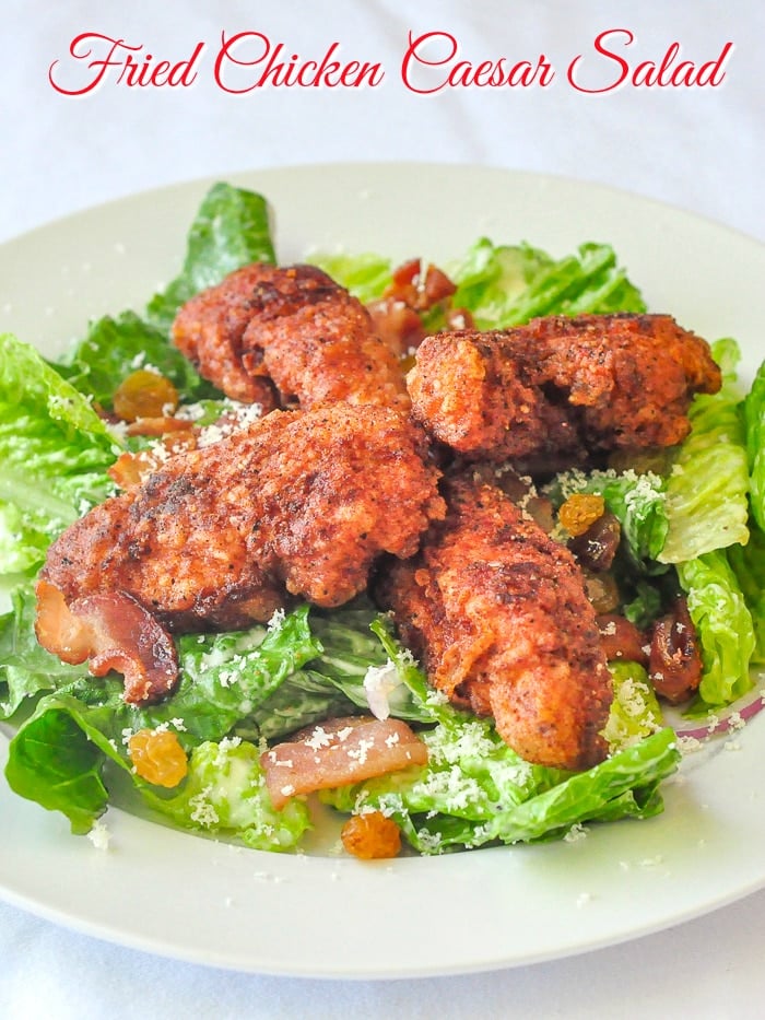 Fried Chicken Caesar Salad photo with title text added for Pinterest