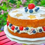 Red White and Blue Mascarpone Cream Cake close up photo