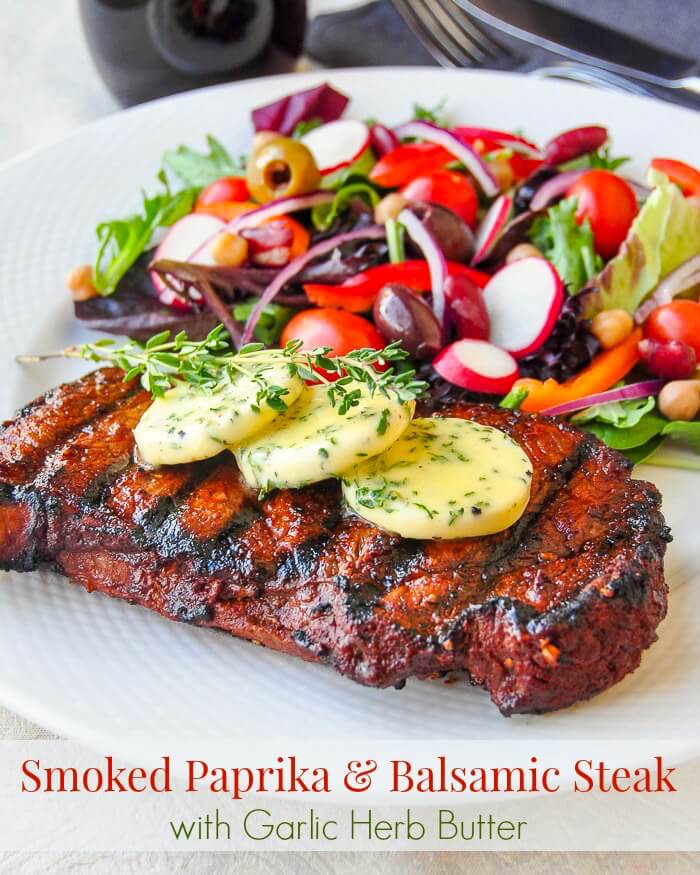 Smoked Paprika and Balsamic Steak with Garlic Herb Butter image with text