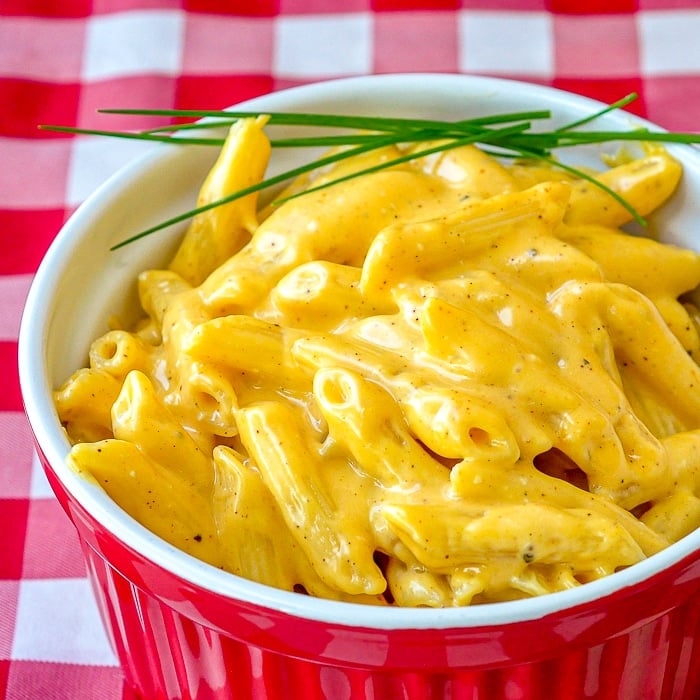 photo of Quick and Easy Stovetop Mac and Cheese in a red serving dish