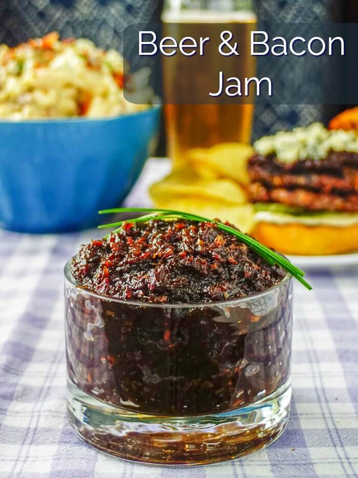 Beer & Bacon Jam i. With a base of onions, bacon, maple syrup and stout beer, this incredible savory jam is delicious on burgers, steaks and chops!