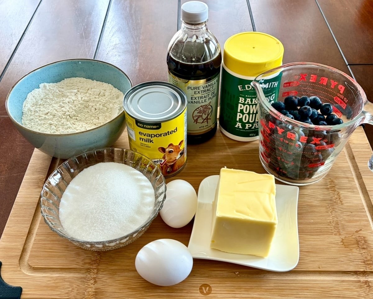Photo of all of the ingredients needed for blueberry snack cake