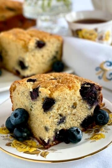 Close up photo of one slice of blueberry snack cake garnished with fresh blueberries Square cropped photo for Google featured image