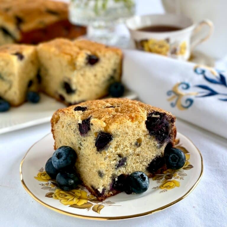 Close up photo of one slice of blueberry snack cake garnished with fresh blueberries Square cropped photo for Google featured image